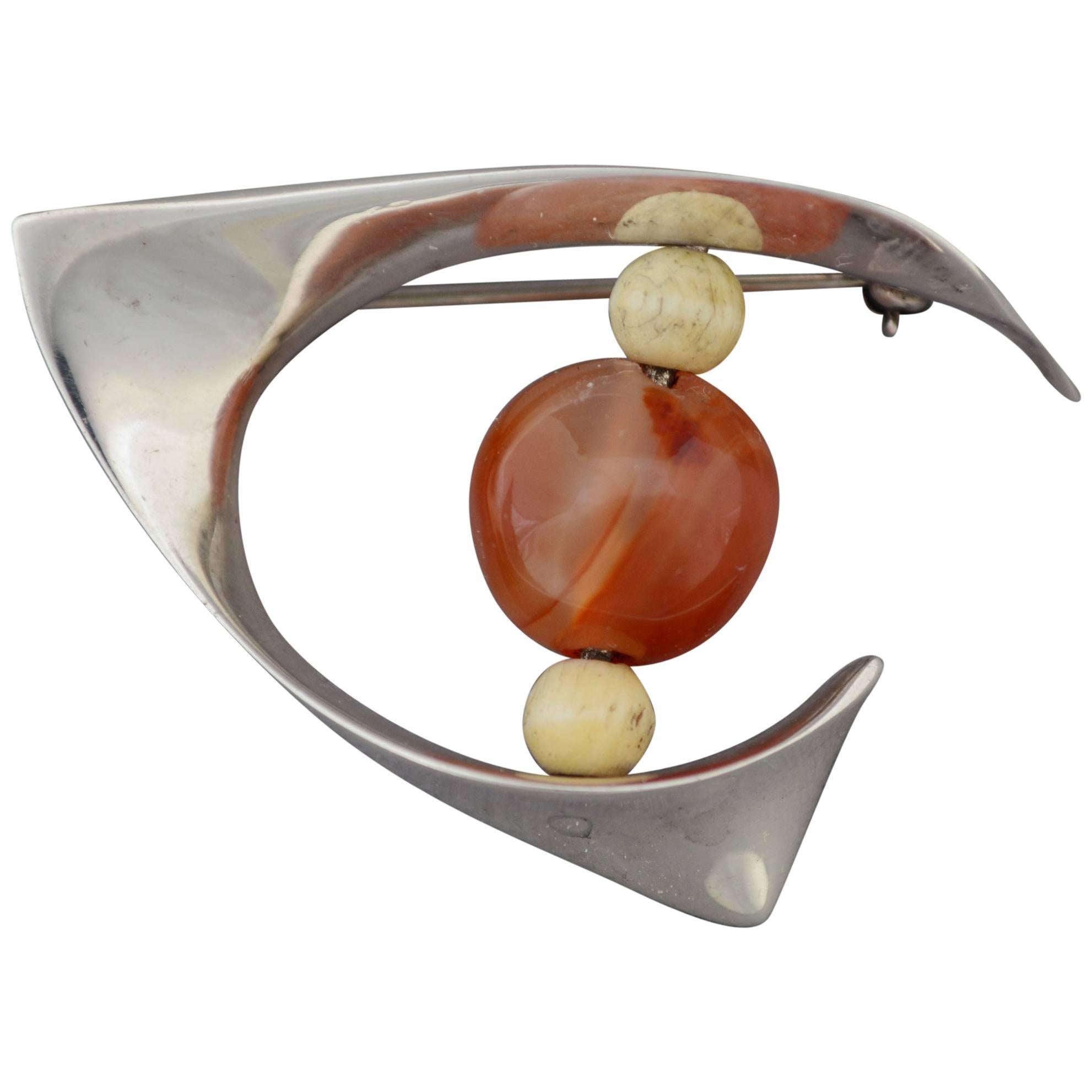 Ronald Hayes Pearson Sterling and Carnelian Brooch