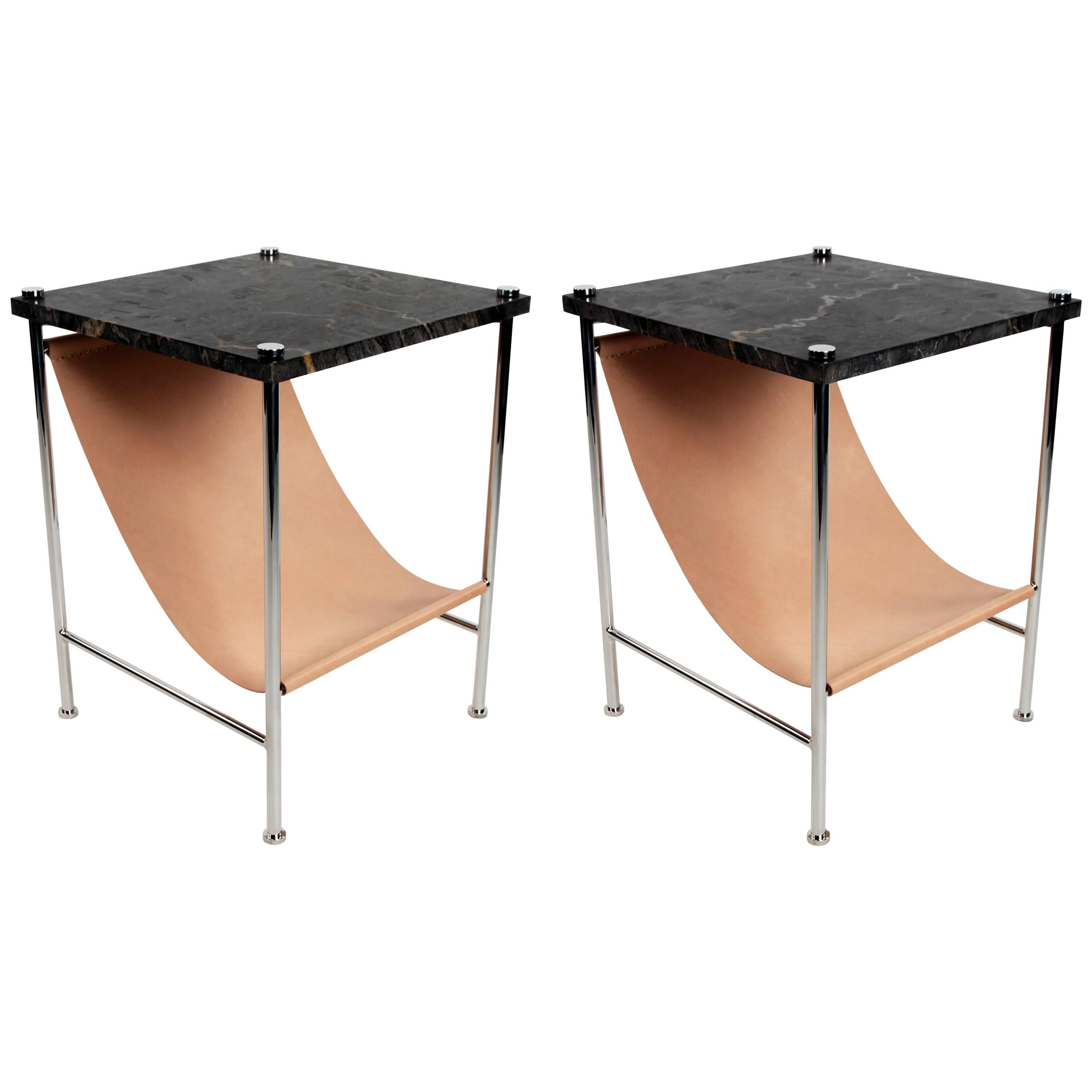 Leather Sling Side Table in Stainless Steel, Black Marble and Natural Leather For Sale