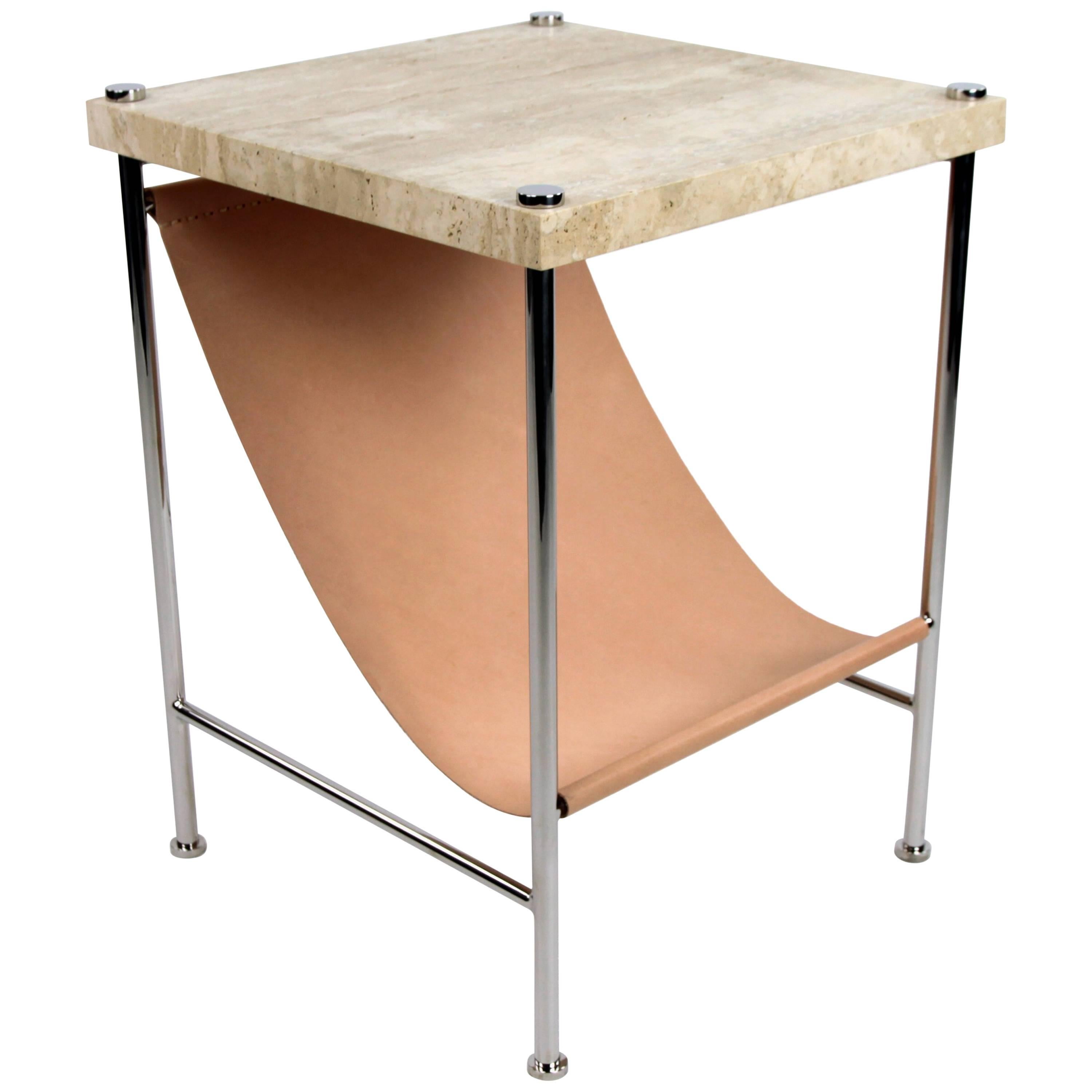 Table d'appoint en bandoulière en cuir, acier inoxydable, travertin et cuir naturel 