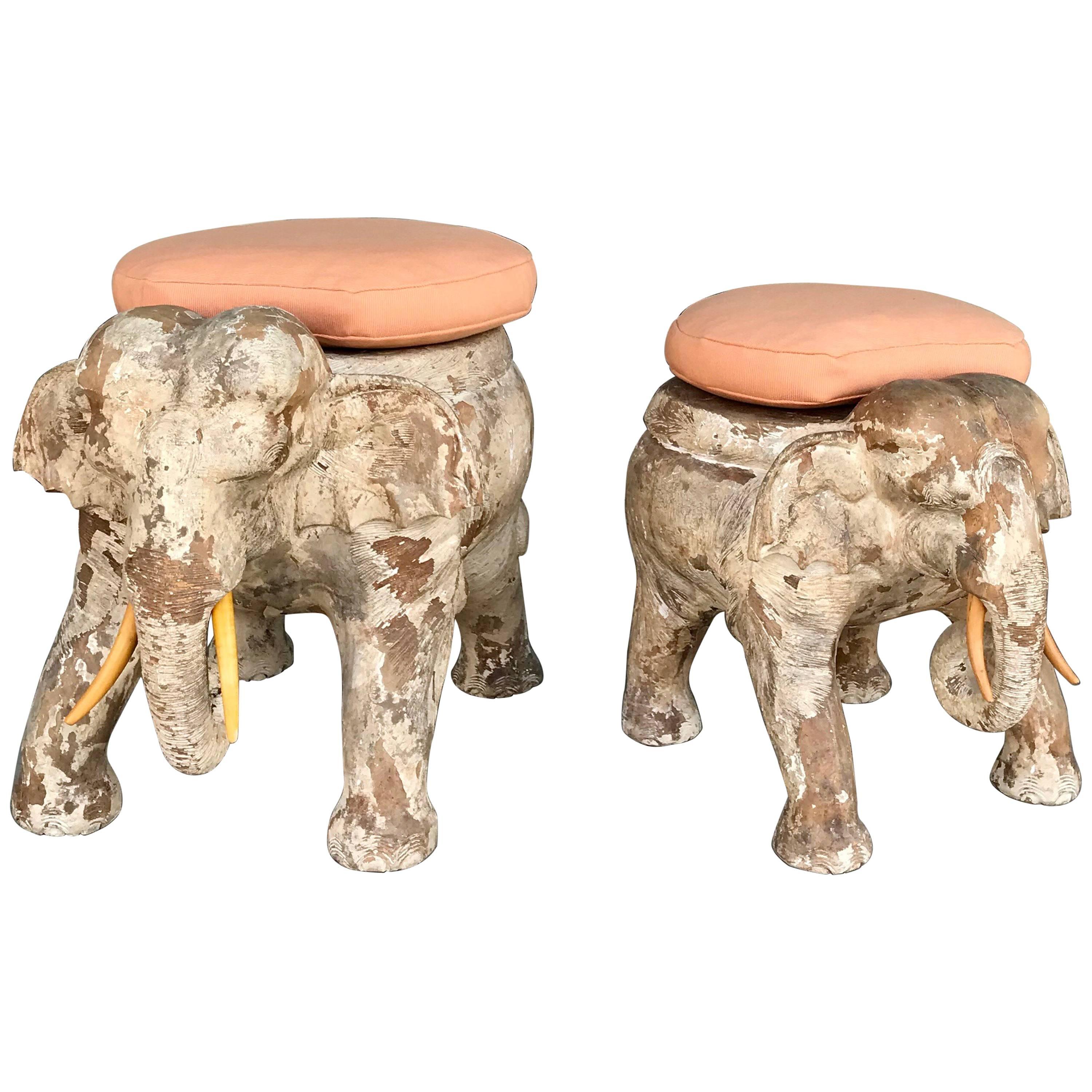 Pair of Antiqued Solid Wood Elephant Stools from the Sinatra Estate 