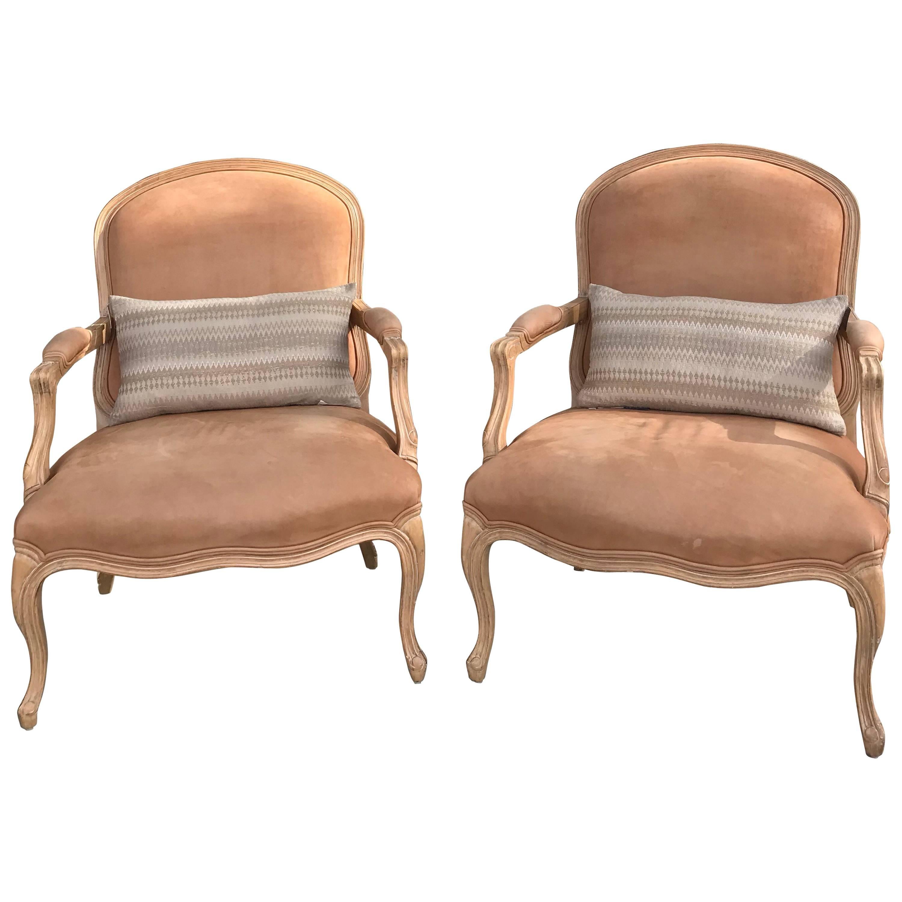 Pair of Kreiss Blush Faux Pigskin Bergere Chairs