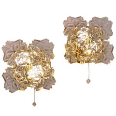 Gold Floral Sconces, Crystal Flowers, Solken Lighting, circa 1970s, German
