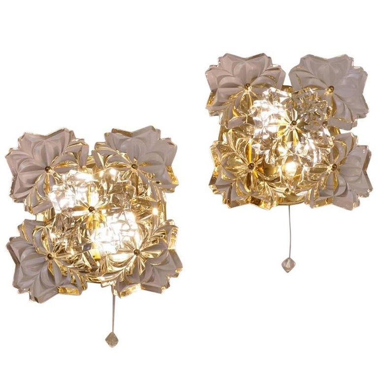 Gold Floral Sconces, Crystal Flowers, Solken Lighting, circa 1970s