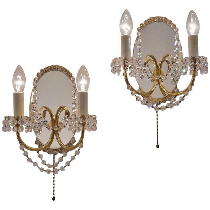 Maison Jansen Sconces Crystal Beads, Brass and Mirror, French, circa 1940s
