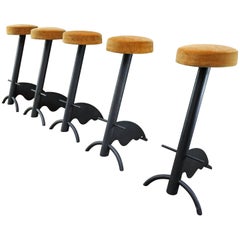 Set of Five Iron and Fabric Bar Stools, circa 1970