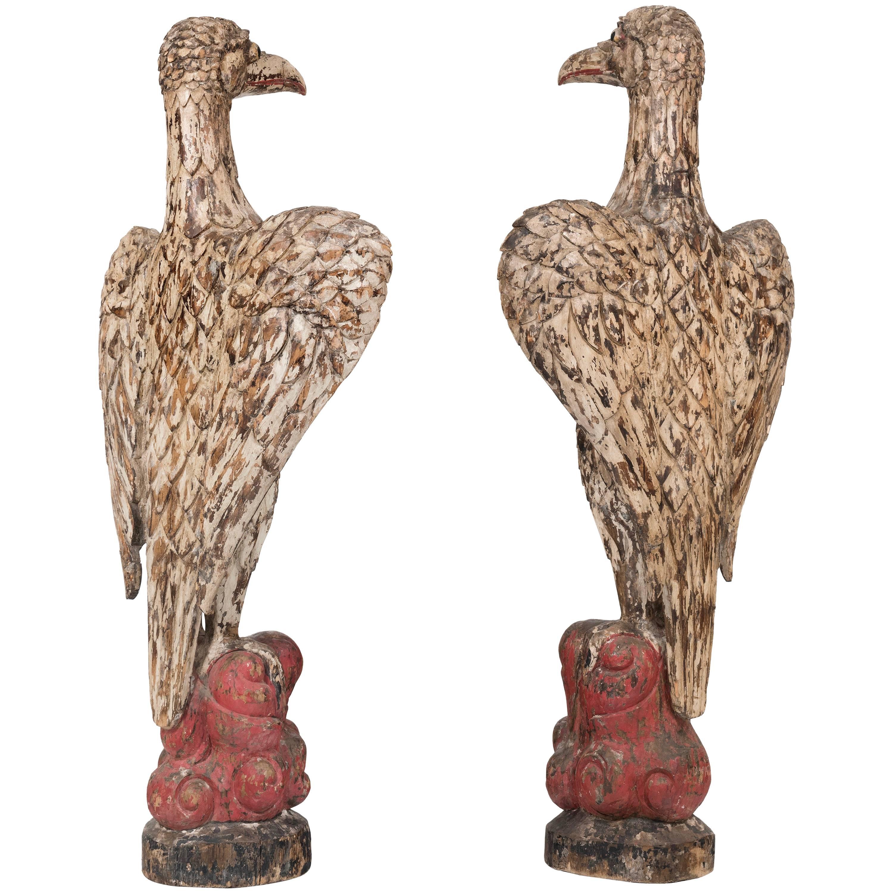 Carved Giant Polychromed Eagles Couple, circa 1900 - Spectacular: 100 inches Height For Sale