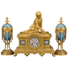 Mantel Clock Set, Gilt Bronze and Porcelain, Louis XVI Style