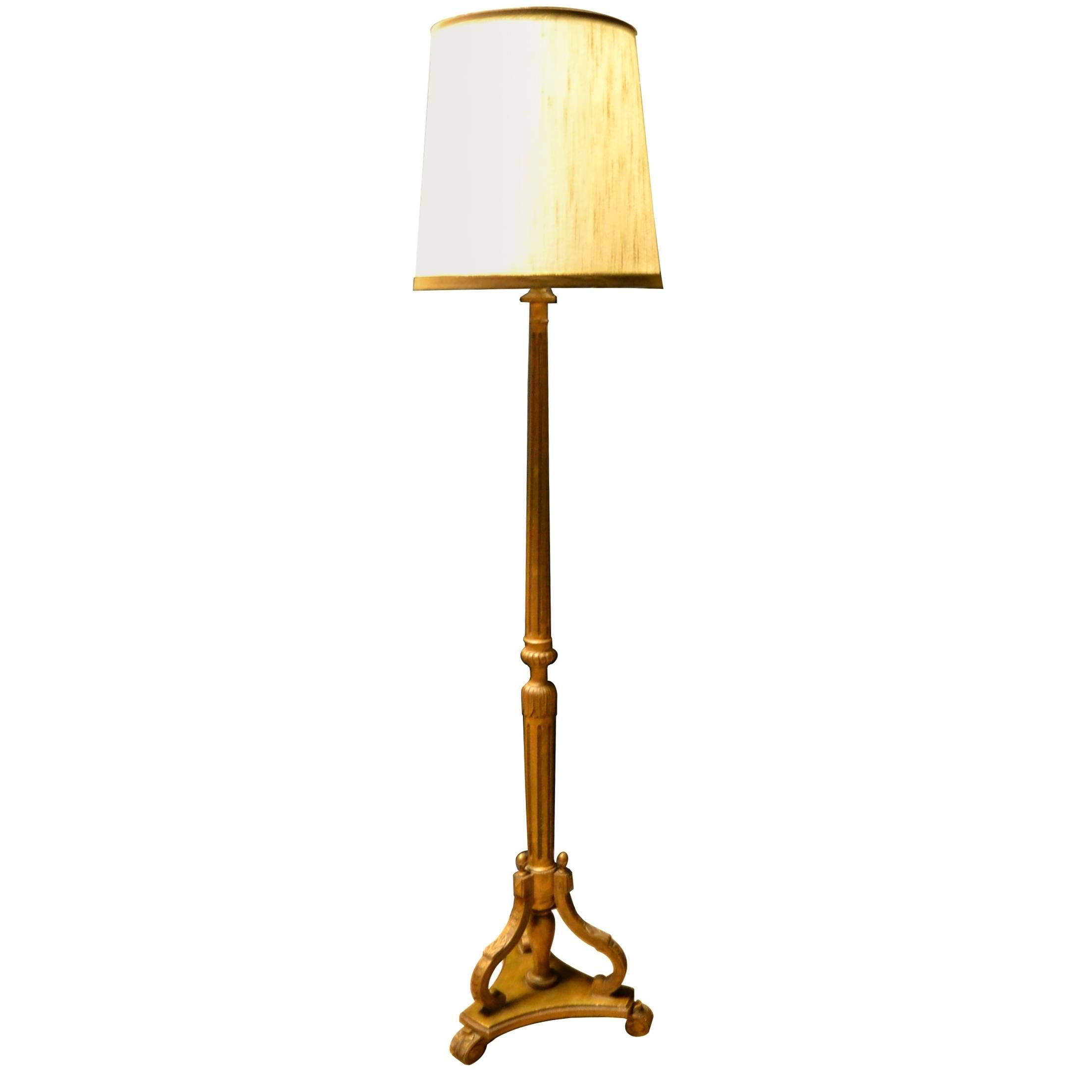 1950s French Giltwood Floor Lamp with Canvas Shade 
