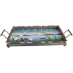 Arts and Crafts Small Tile Serving Tray with Hand Painted Decor, Chrome Borders