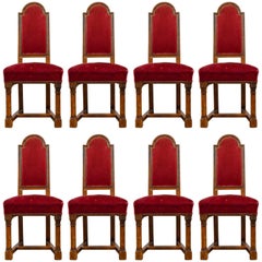 Antique Set of Eight Dining Chairs, English Oak, Red, Victorian Gothic, 1860