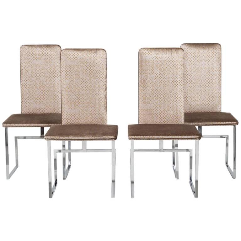 Set of Four Italian Nickel Framed Dining Chairs, 1980s For Sale