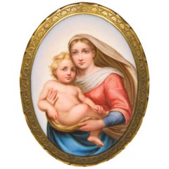 Plaque ancienne en porcelaine de Meissen représentant la Madone Sixtine d'après Raphaël