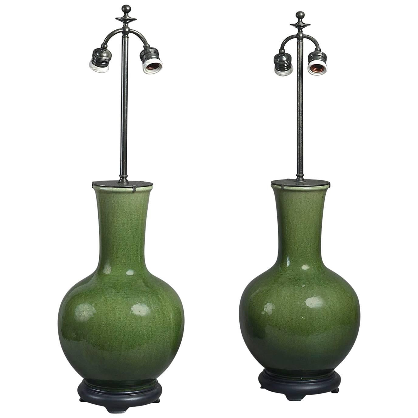 Pair of Large 19th Century Green Craquellure Chinese Vases Mounted as Lamps