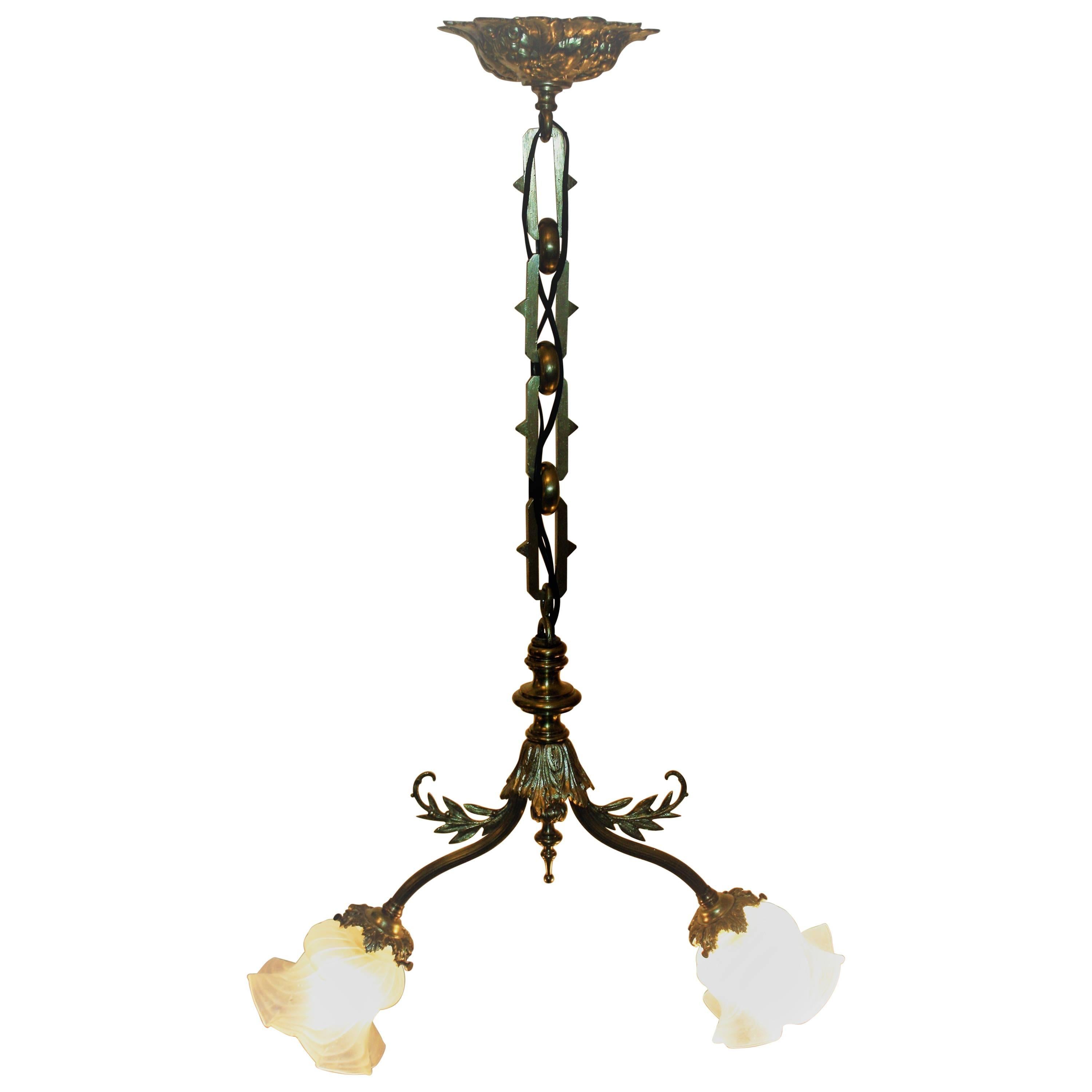 Beautiful Art Nouveau Two-Light Brass and Glass Pendant, circa 1900s