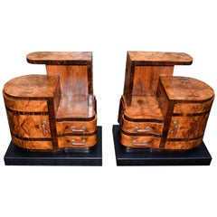 Art Deco Italian Pair of Matching Bedside Table Cabinets in Walnut