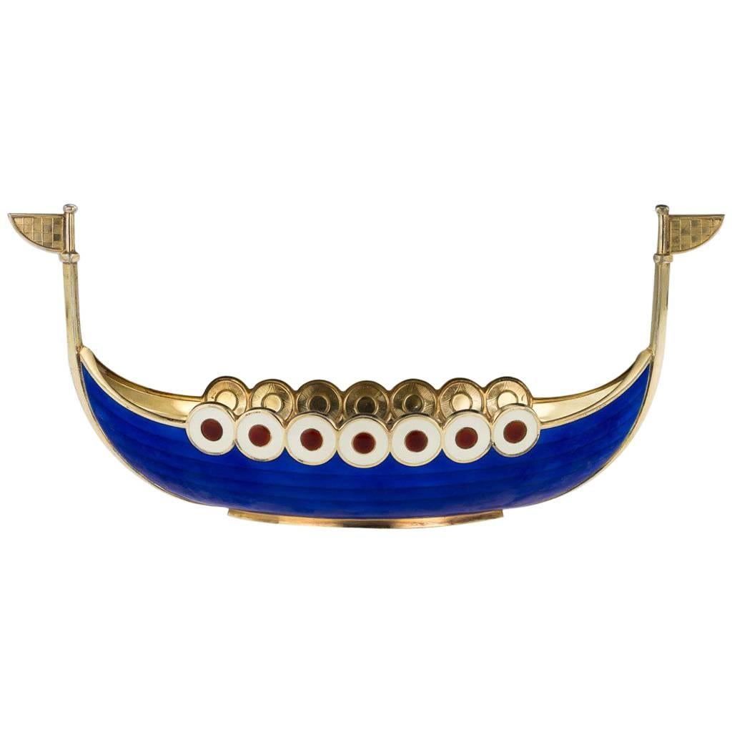 20th Century Norwegian Solid Silver and Enamel Viking Boat, Jacob Tostrup, 1900s