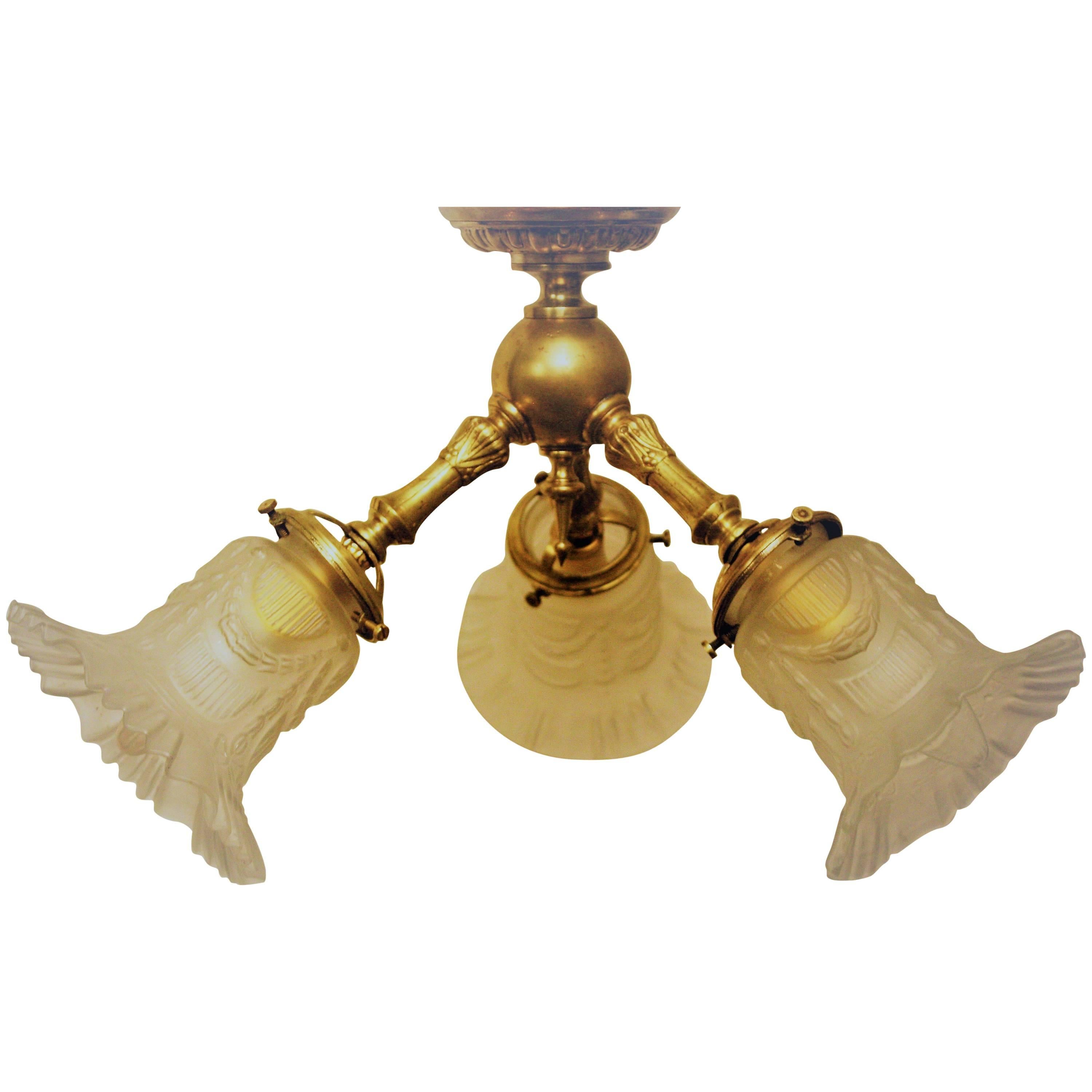Small  Art Nouveau Three - Light  Brass and Glass Chandelier, circa 1900s