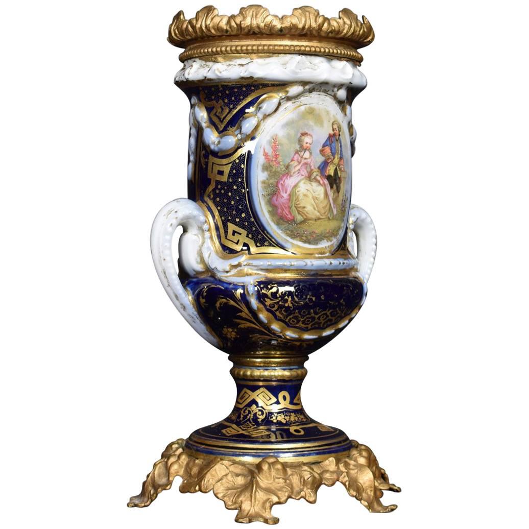 French Sevres Style Twin Handled Handle Painted Lamp Base