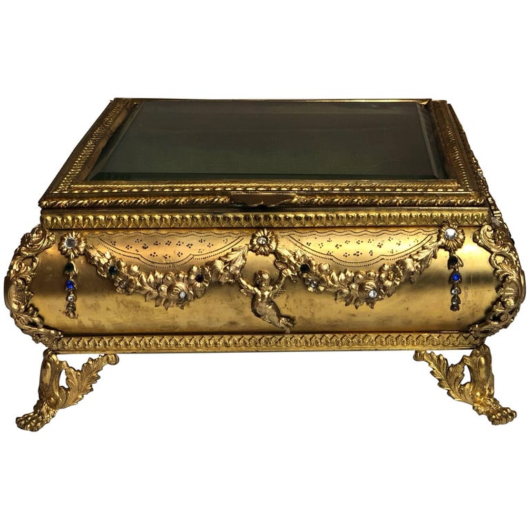 Antique Bijoux Jewelry Box, Casket Ormolu and Semi-Precious Stones, circa 1880