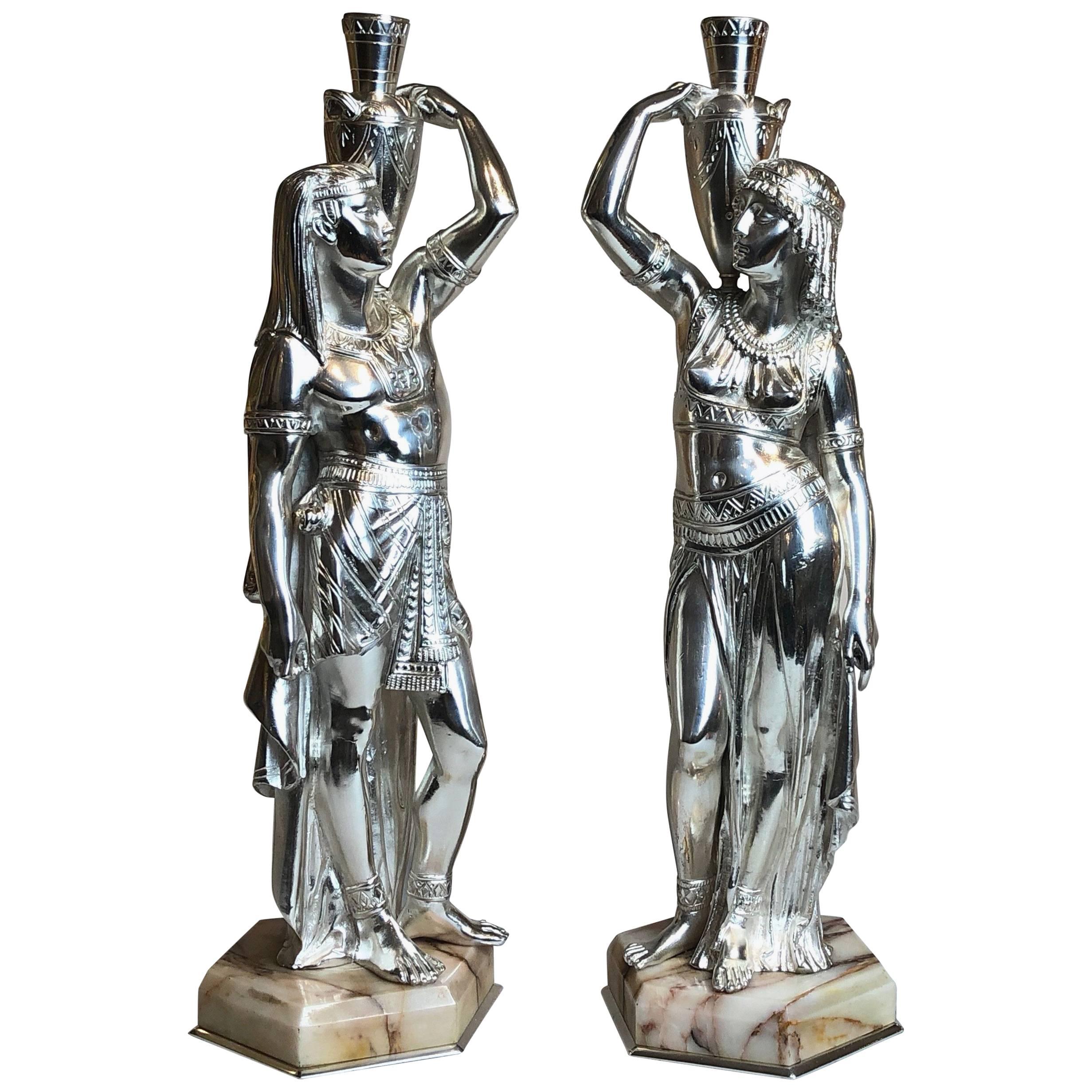 Pair of Antique Silvered Bronze Egyptian Figures on Marble Bases