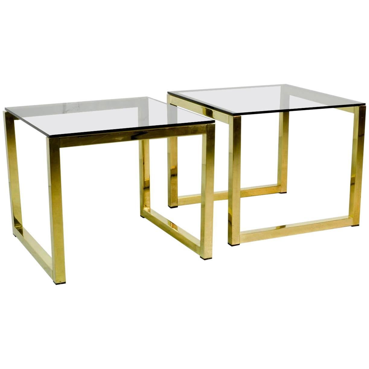 Pair of Mid-Century Hollywood Regency Cubic Side Tables with Smokey Glass Top