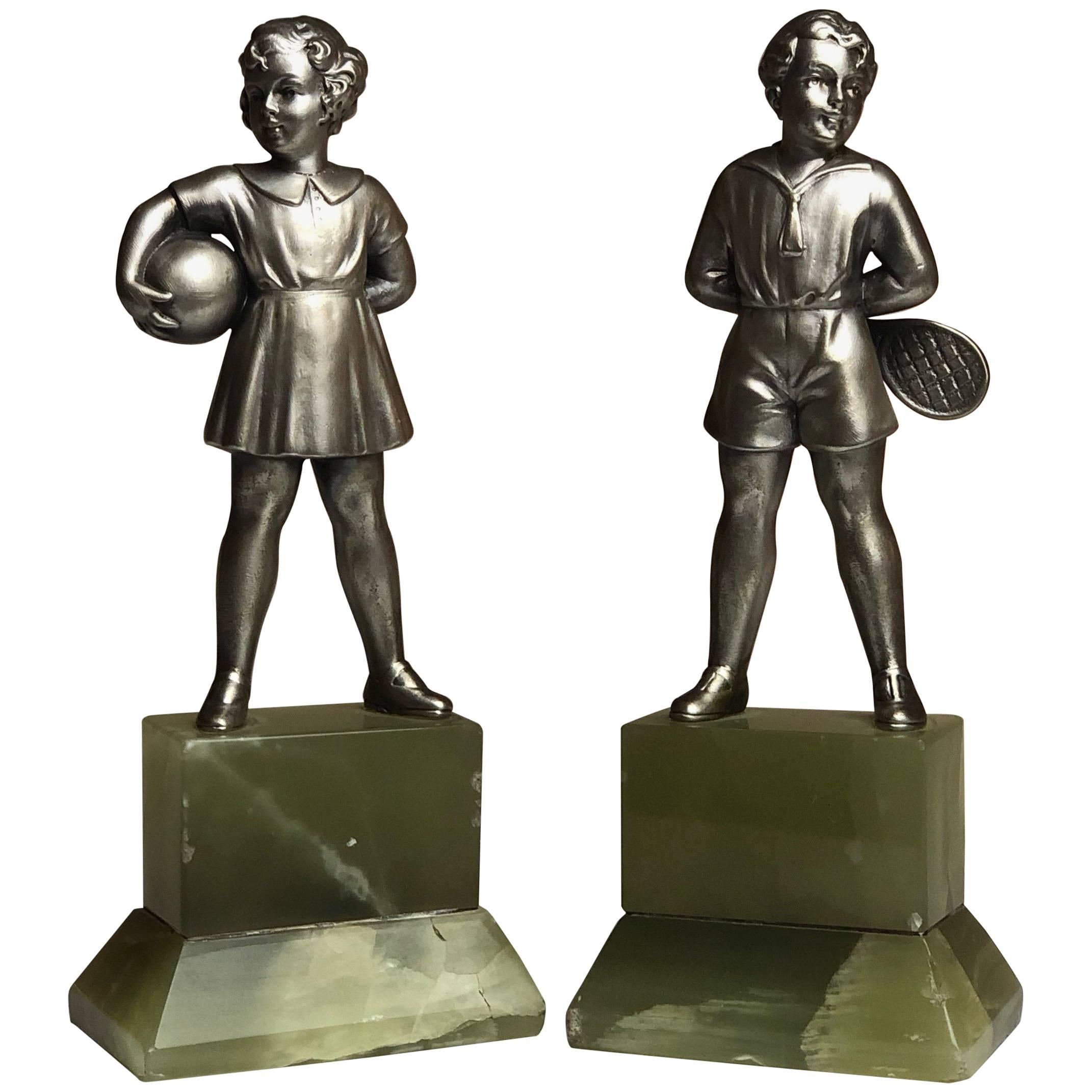 Pair of Early 20th Century Austrian Cold Painted Bronze Figures, Tennis Player
