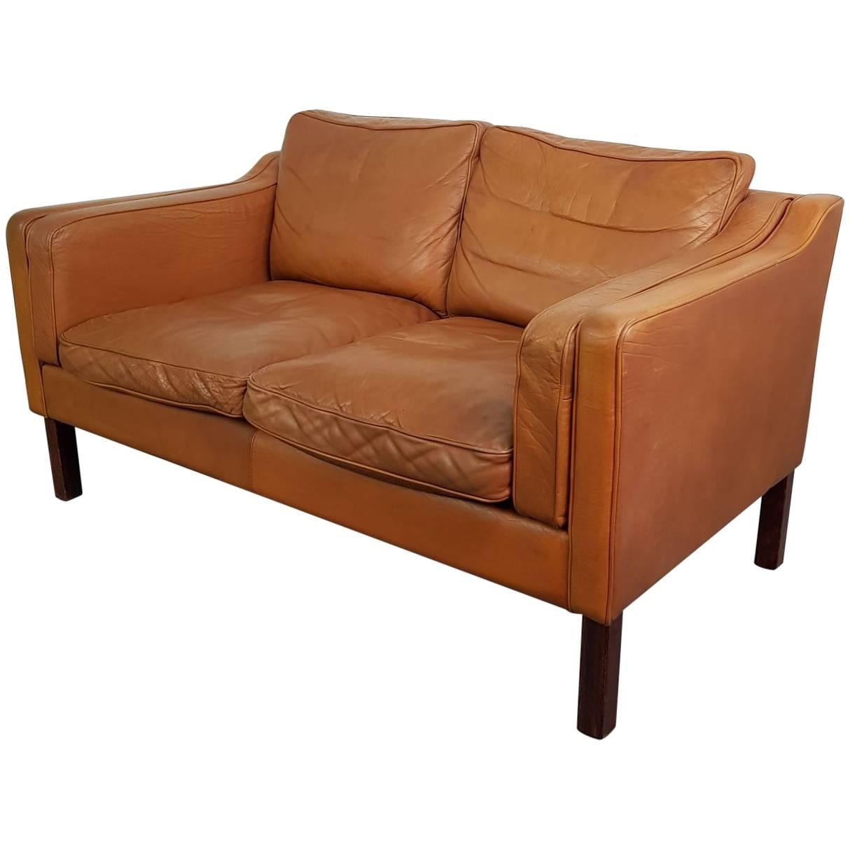 1970s Tan Brown Leather Mogensen Style Two-Seat Sofa For Sale