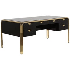 Sensational Jet Black Lacquer and Brass Desk by Widdicomb for Mastercraft