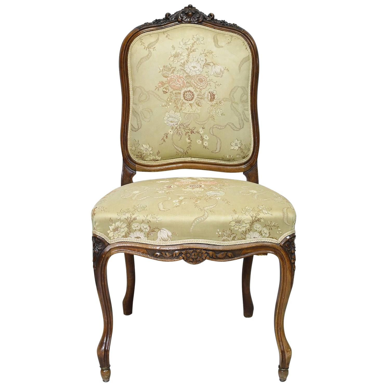 Louis XV Style Side Chair in Walnut with Upholstered Back and Seat, circa 1860 For Sale
