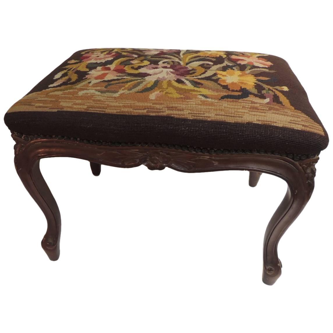 English Floral Tapestry Carved Wood Ottoman