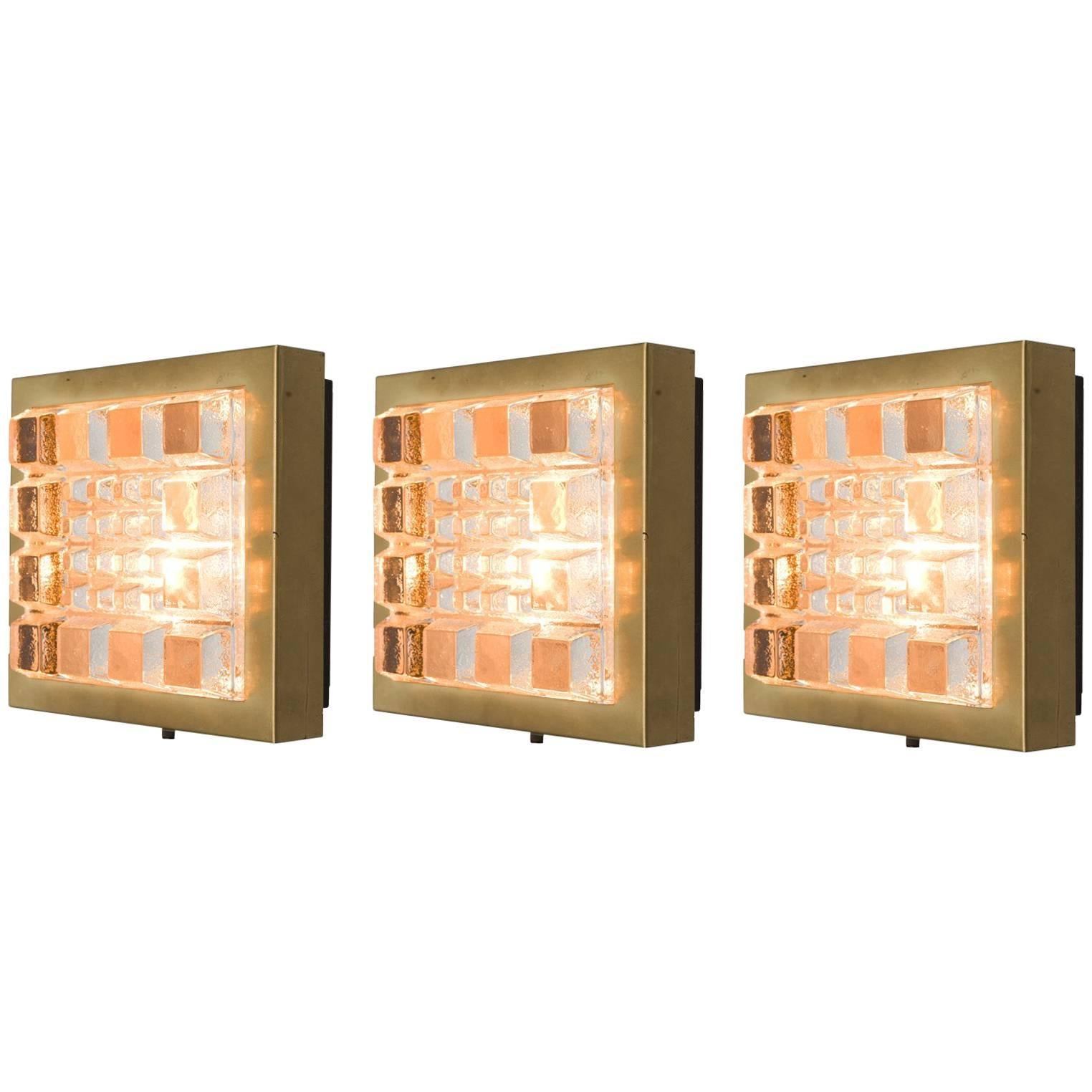 Set of Three Geometric Wall Lights in Brass and Glass