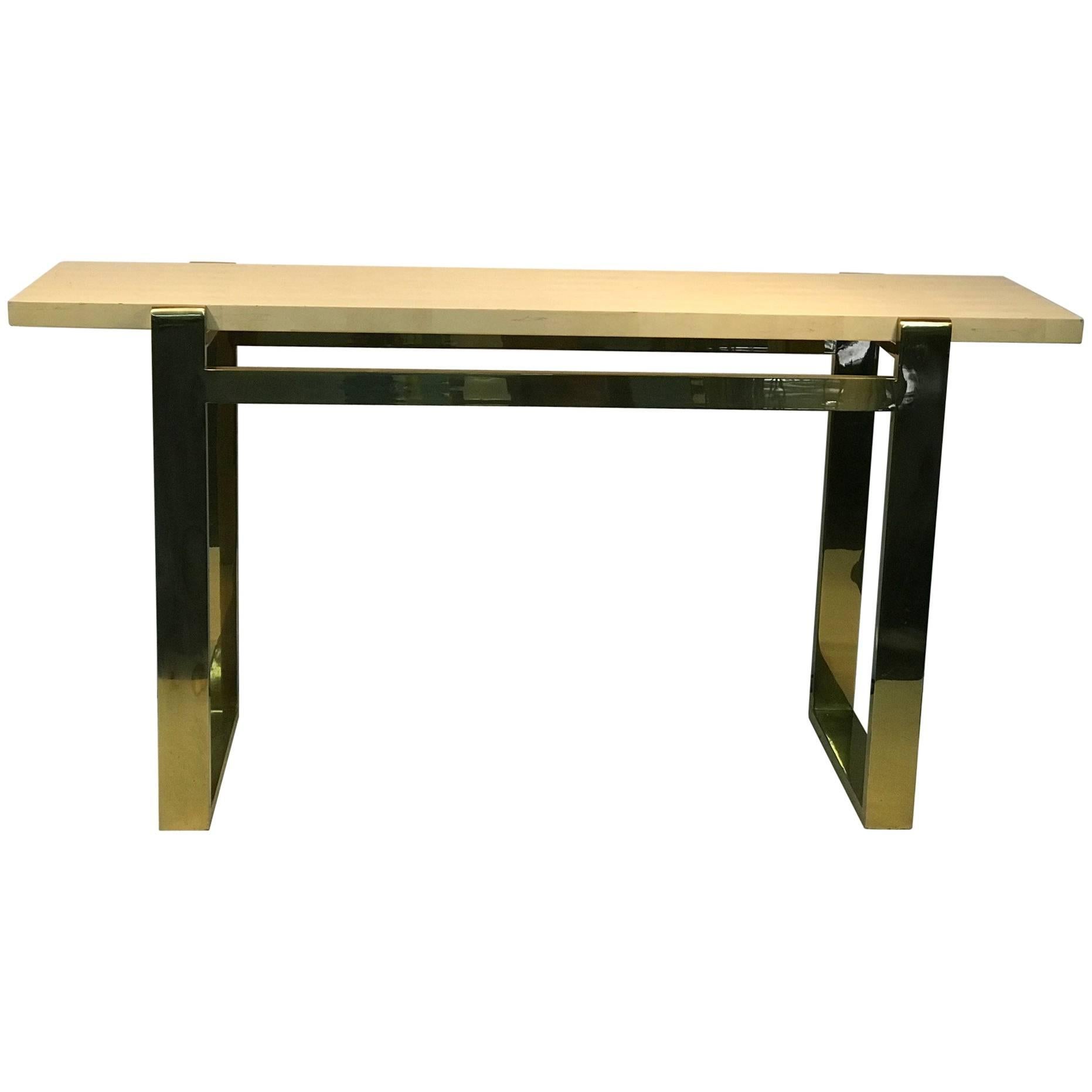 Console Table Brass with Faux Goatskin Top For Sale