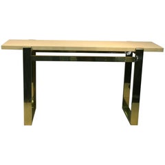 Console Table Brass with Faux Goatskin Top