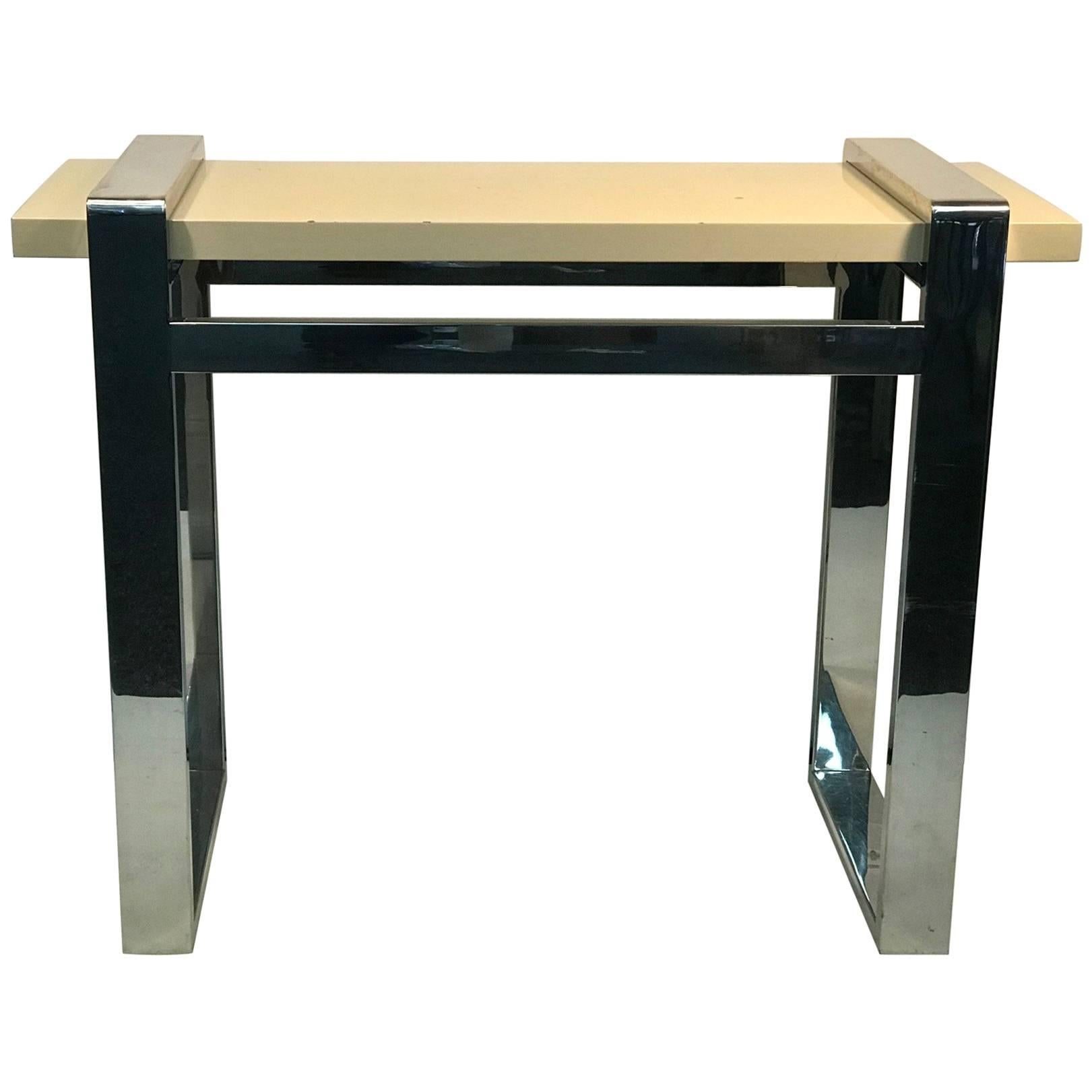 Chrome Side Table with Faux Goatskin Top or Console Table
