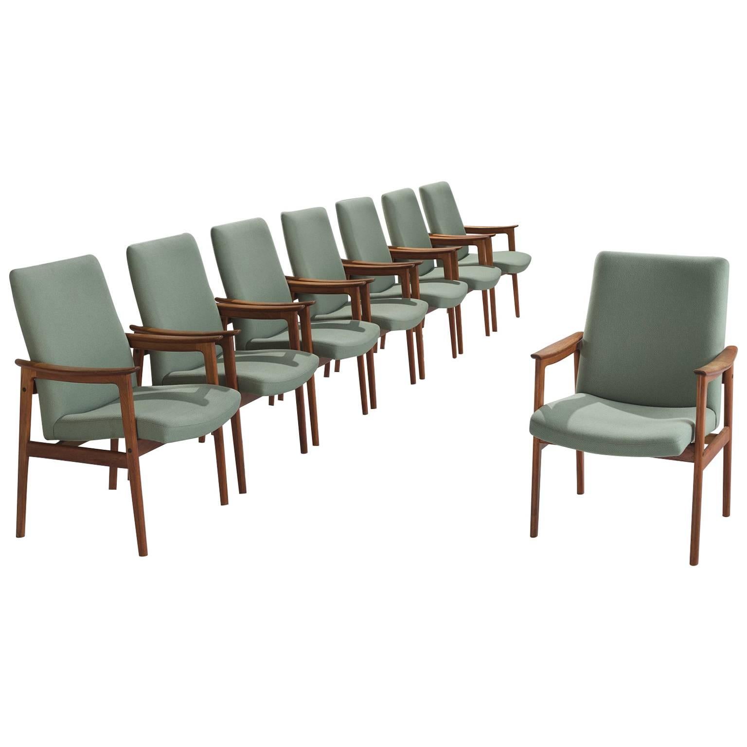 Set of Eight Highback Armchairs in Teak and Mintgreen Fabric