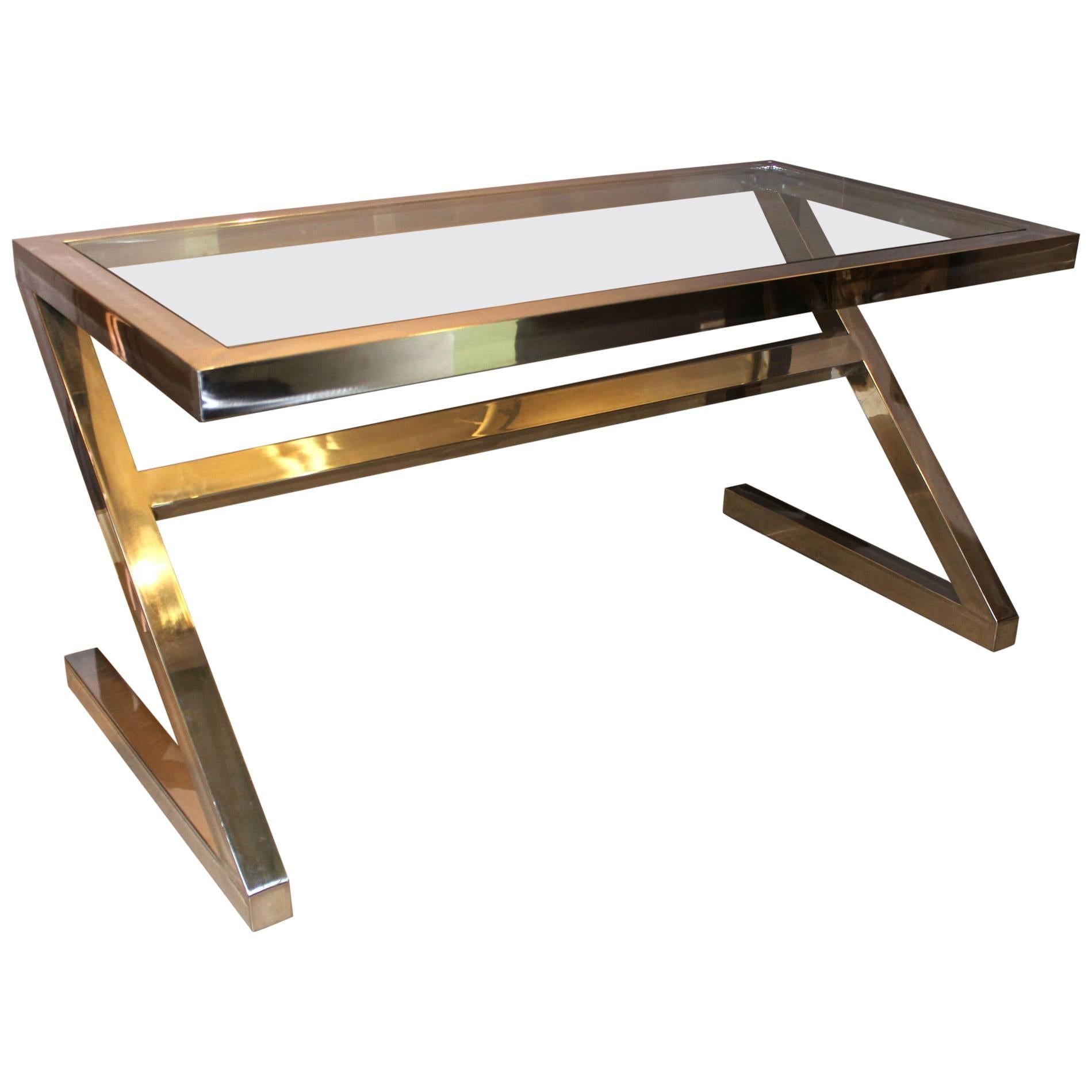 Mid-Century Modern Milo Baughman Style Chrome Z Form Glass Top Desk or Table