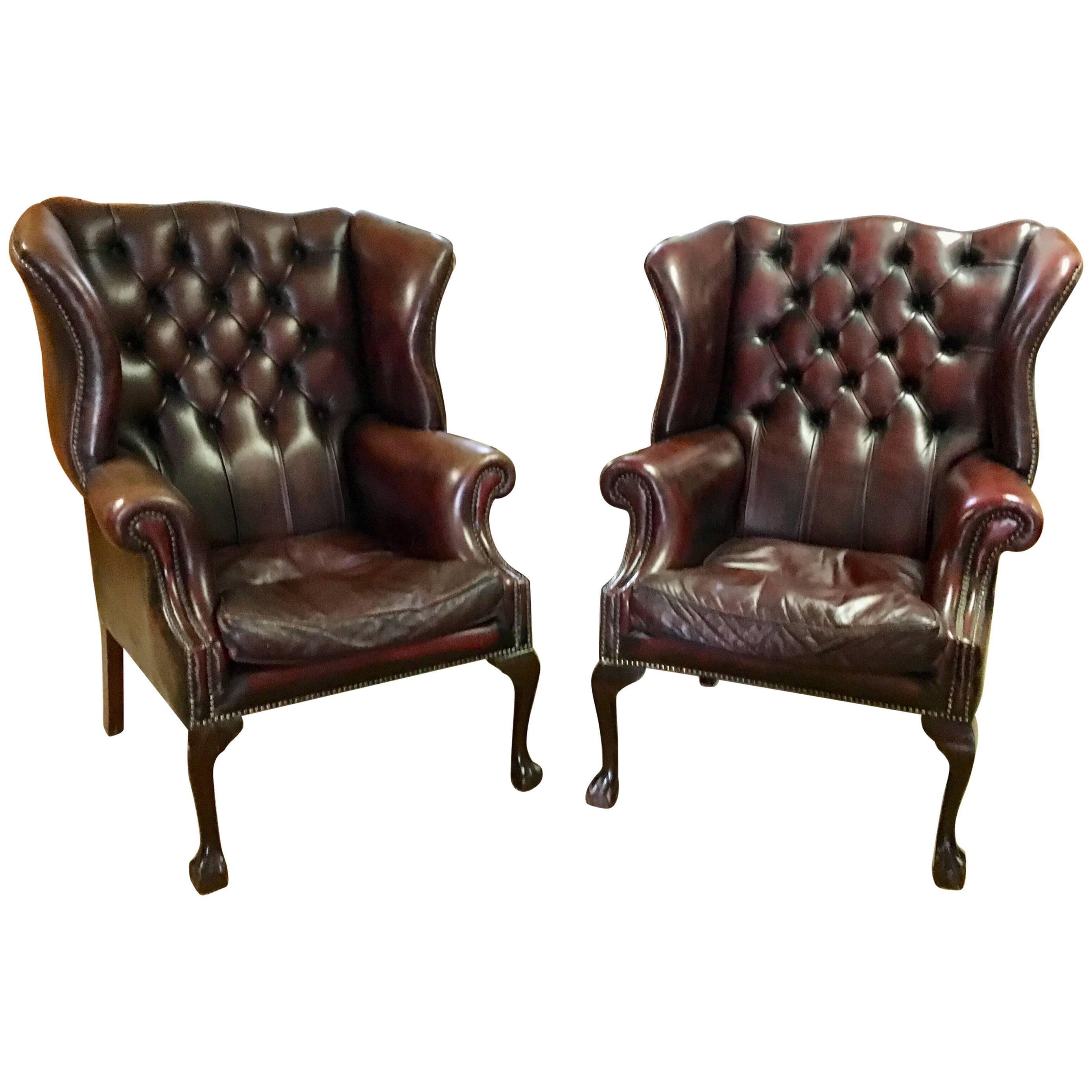 Tufted Leather Wingback Library Chairs with Nailhead Accents at 1stDibs