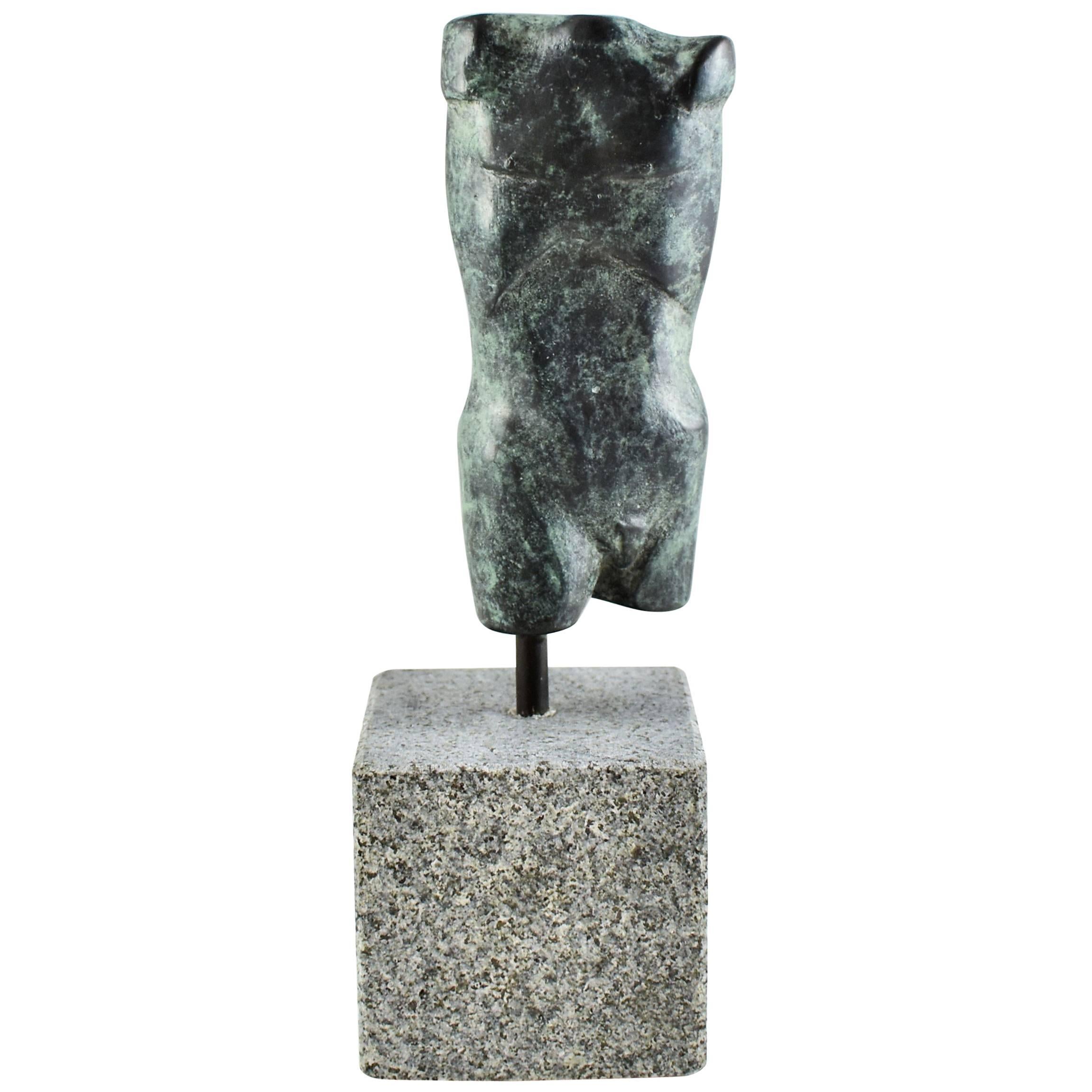 Modern Bronze Hand Cast Figurative Sculpture a Male Torso, Blue Green Patina For Sale