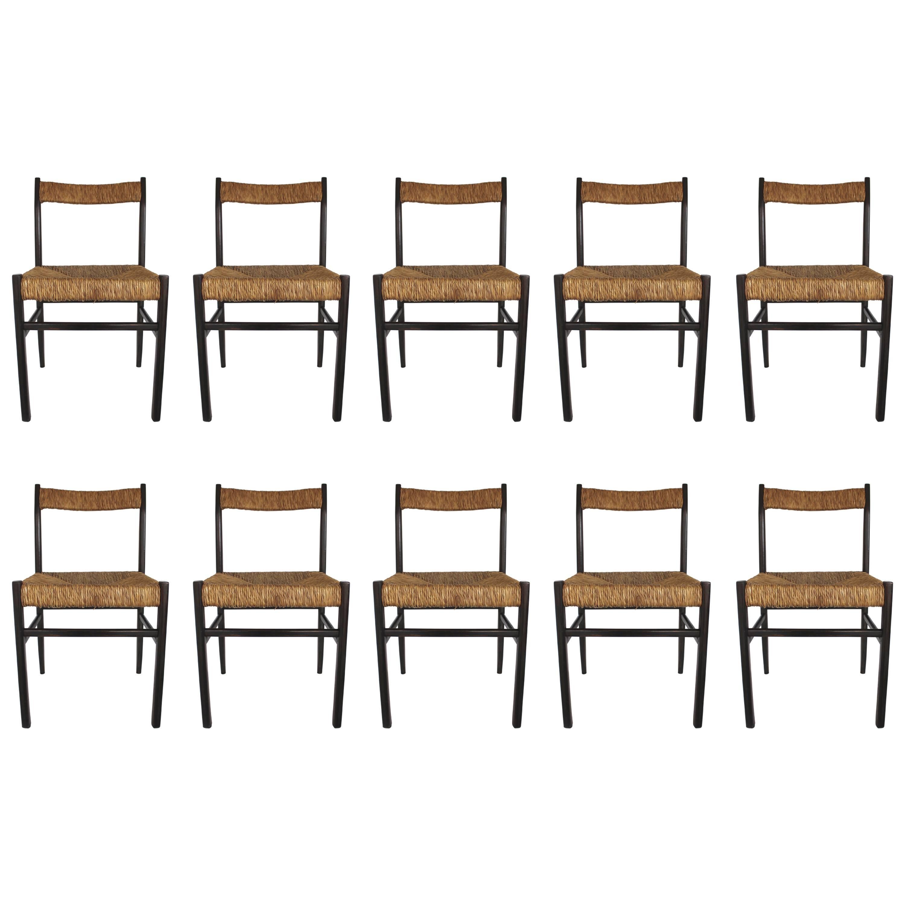 Set of Ten Italian Rush Seat Dining Chairs