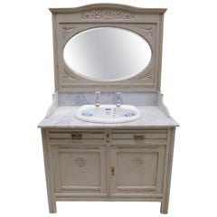 Antique Marble Top Sink Vanity with Mirror and Blue and White Porcelain Sink
