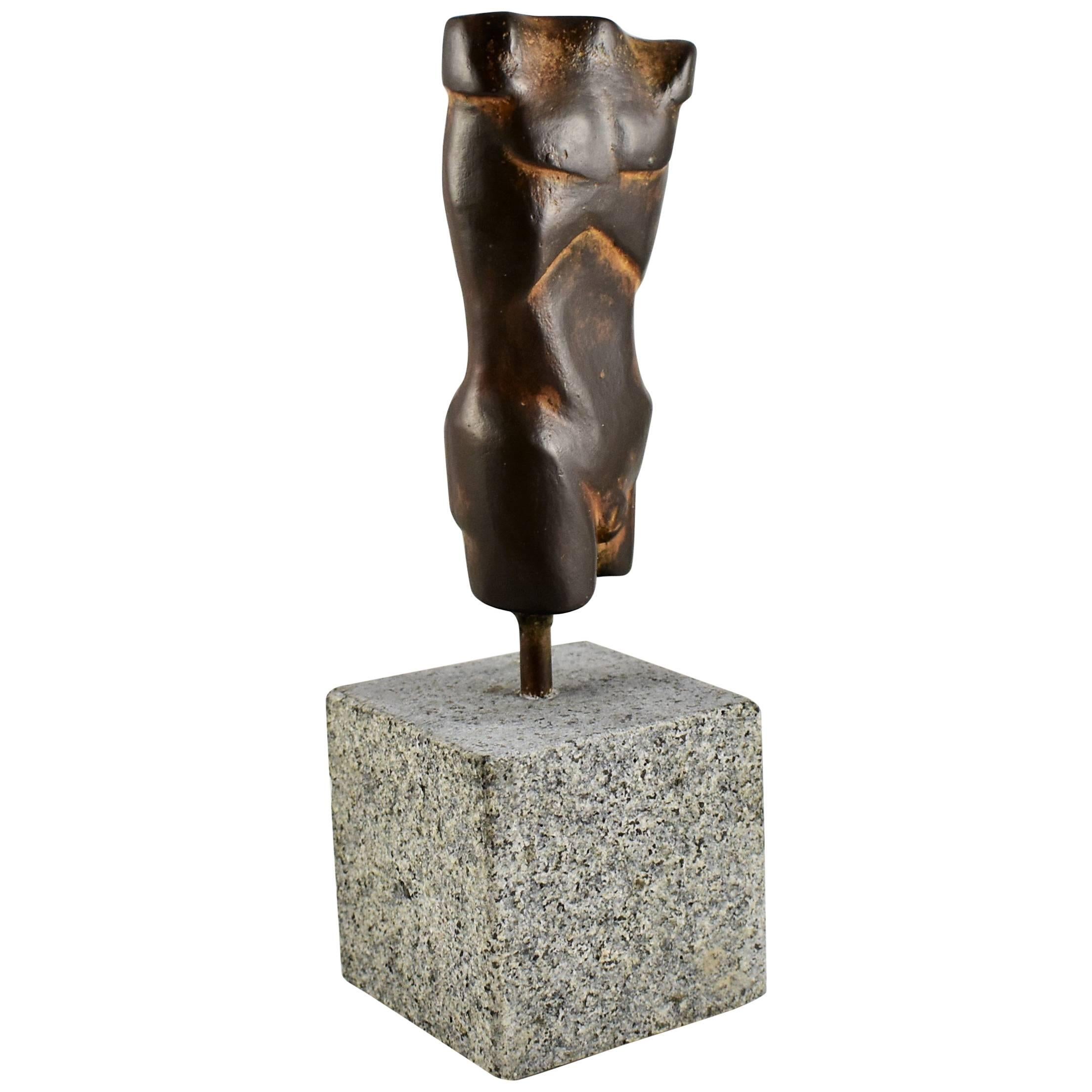 Modern Bronze Hand Cast Figurative Sculpture a Male Torso, Rust Patina For Sale