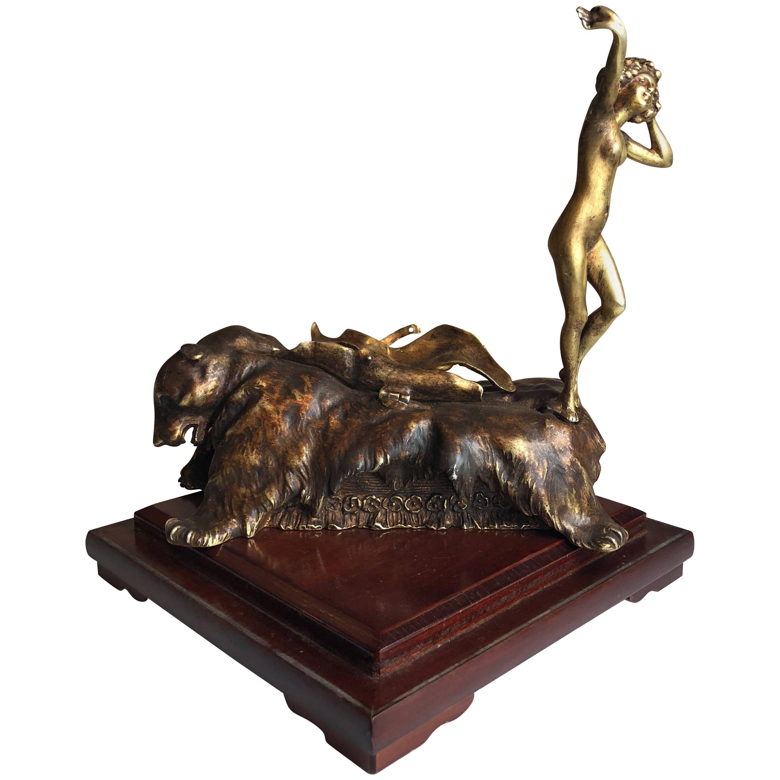 "Bare on Bear" Bronze Sculpture by Carl Kauba