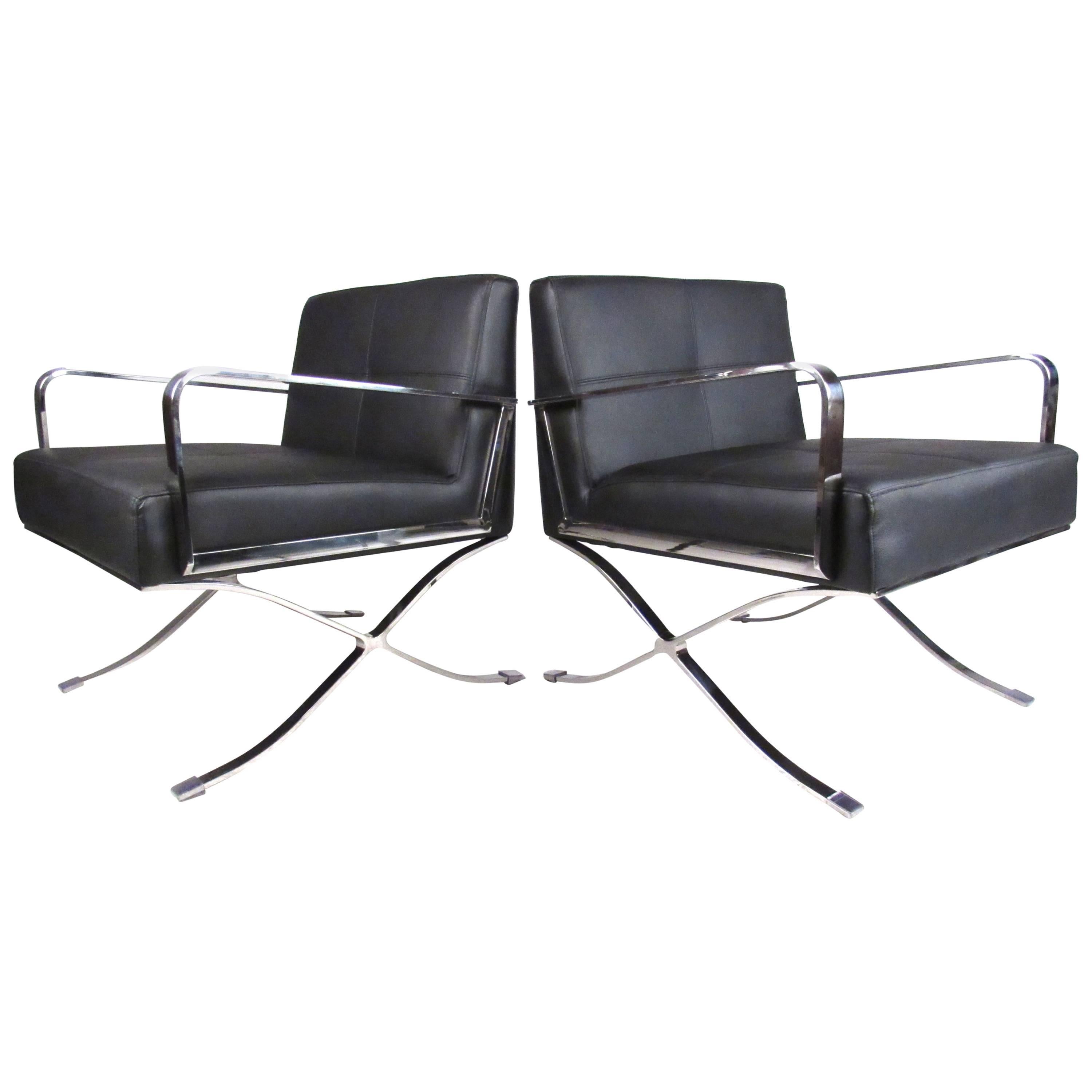 Pair of Modern Chrome and Vinyl Lounge Chairs