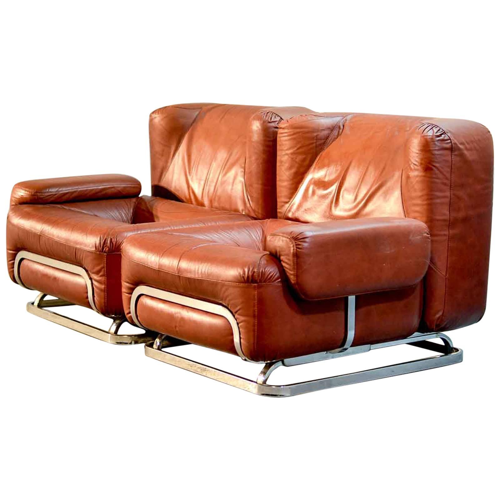 Chestnut Brown Leather Two-Seater Sofa in Style of Tobia Scarpa, 1970s For Sale