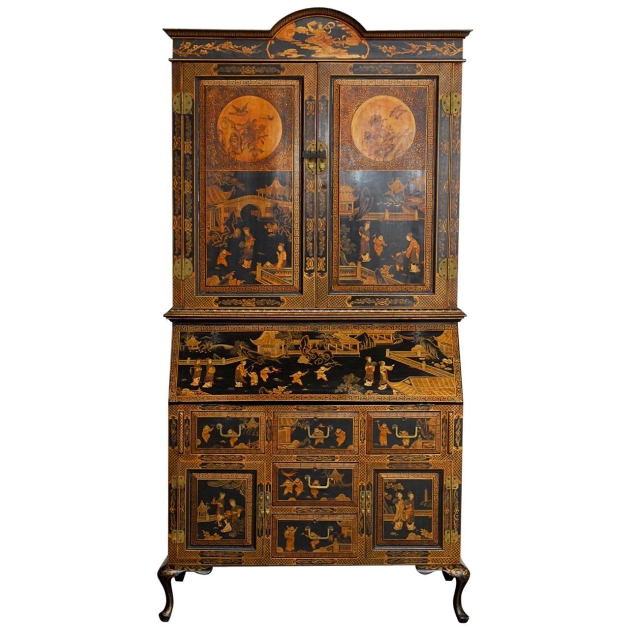 18th Century English Chinoiserie Lacquered Secretary Cabinet