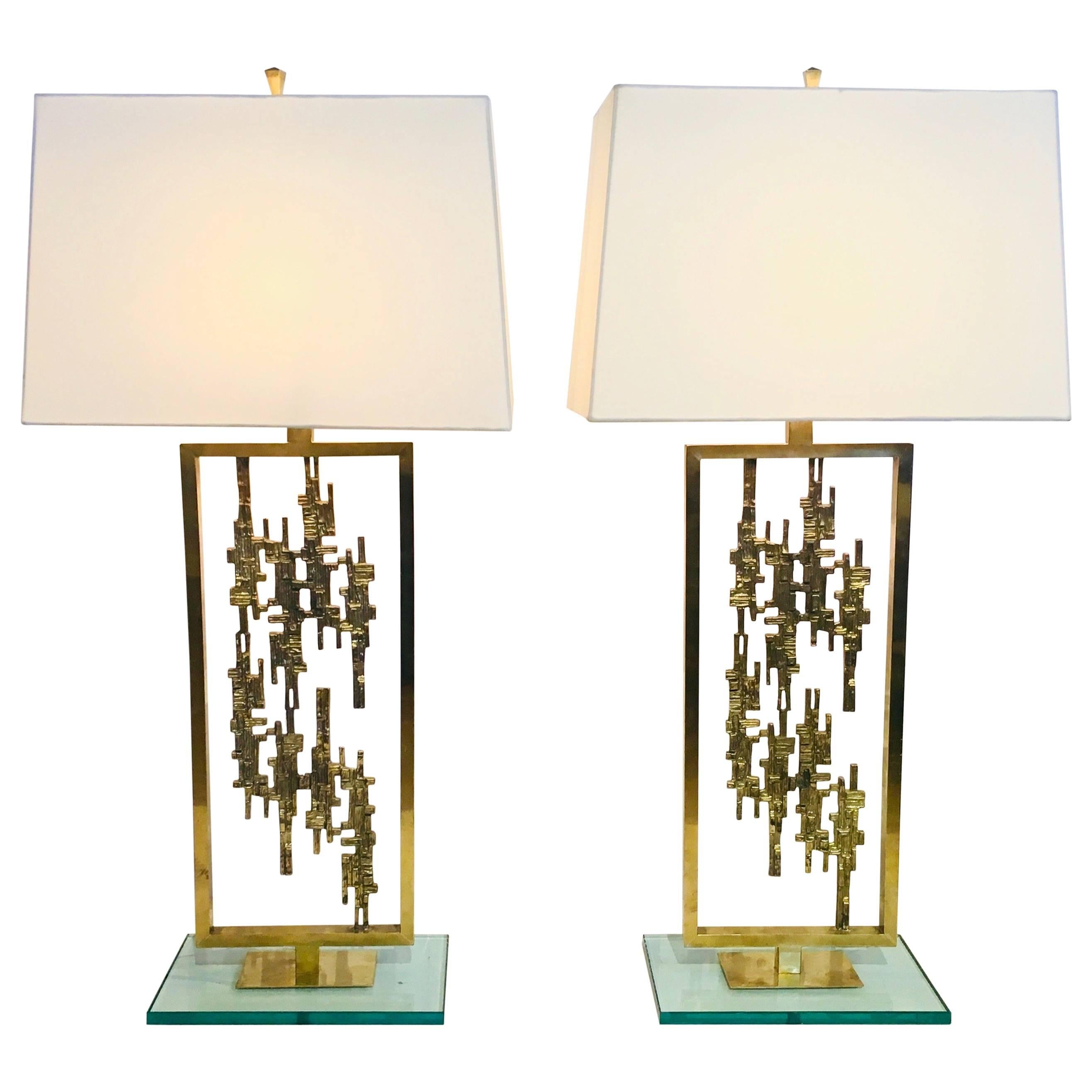 Pair of Mid-Century Modern Brass and Glass Brutalist Table Lamps, circa 1960s