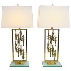 Pair of Mid-Century Modern Brass and Glass Brutalist Table Lamps, circa 1960s