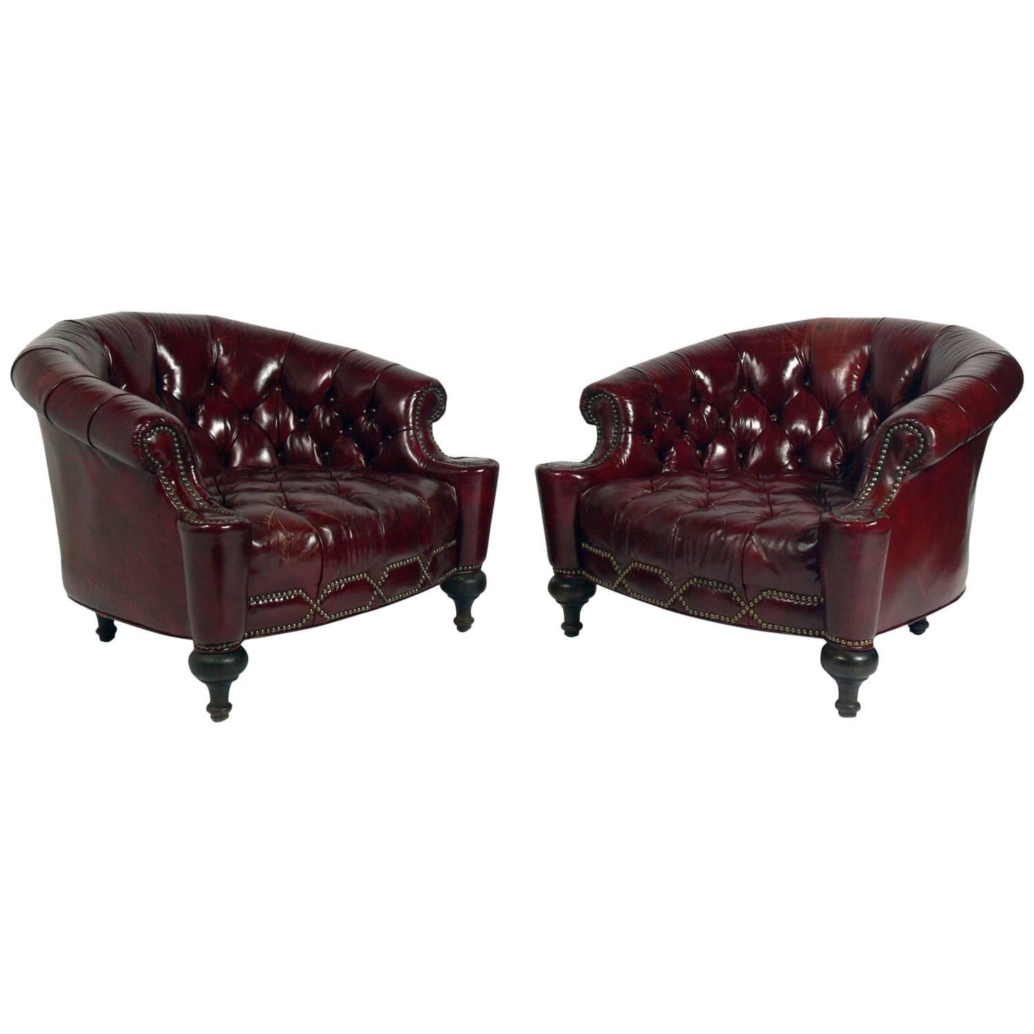 Pair of Tufted Oxblood Red Leather Club Chairs 