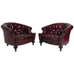 Vintage Pair of Tufted Oxblood Red Leather Club Chairs 