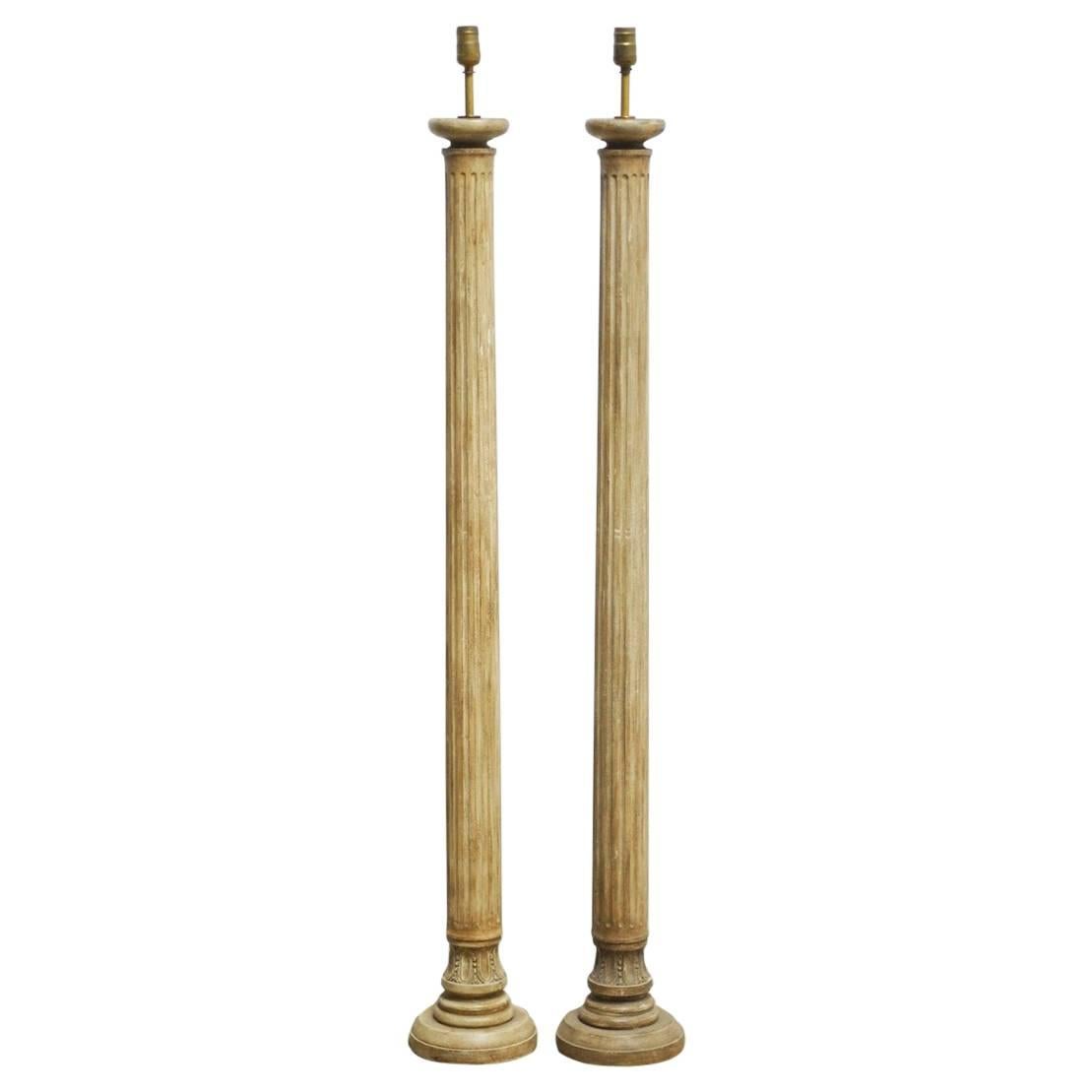 Pair of Neoclassical Carved Wood Column Floor Lamps
